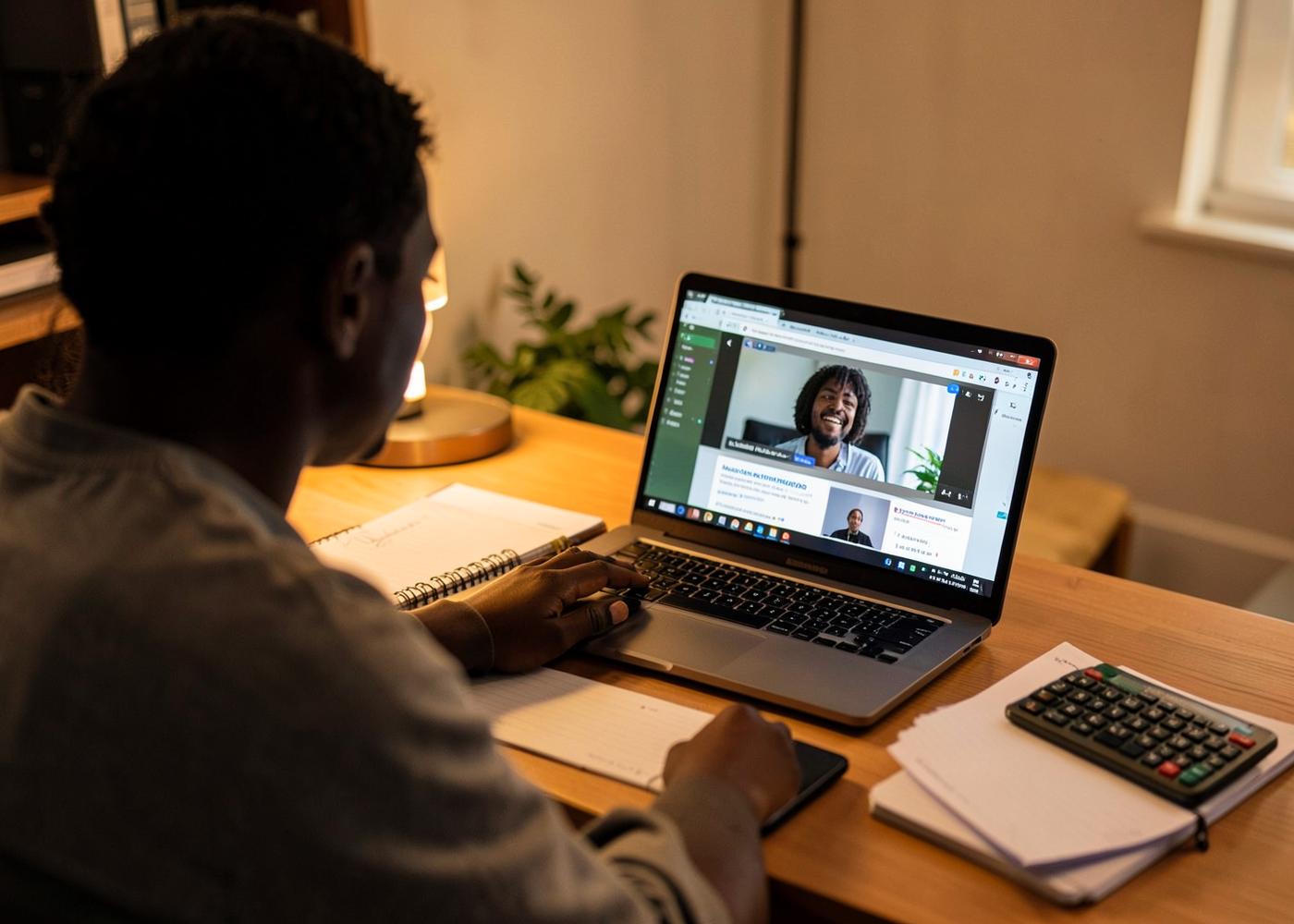 Student attending a live online accounting class on a laptop